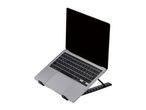 Silver laptop on a black adjustable stand, angled upwards with the screen facing the viewer.