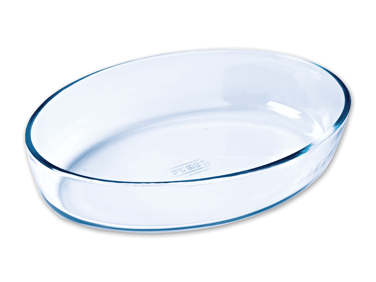 Eine ovale Pyrex-Glasschale auf schwarzem Hintergrund.