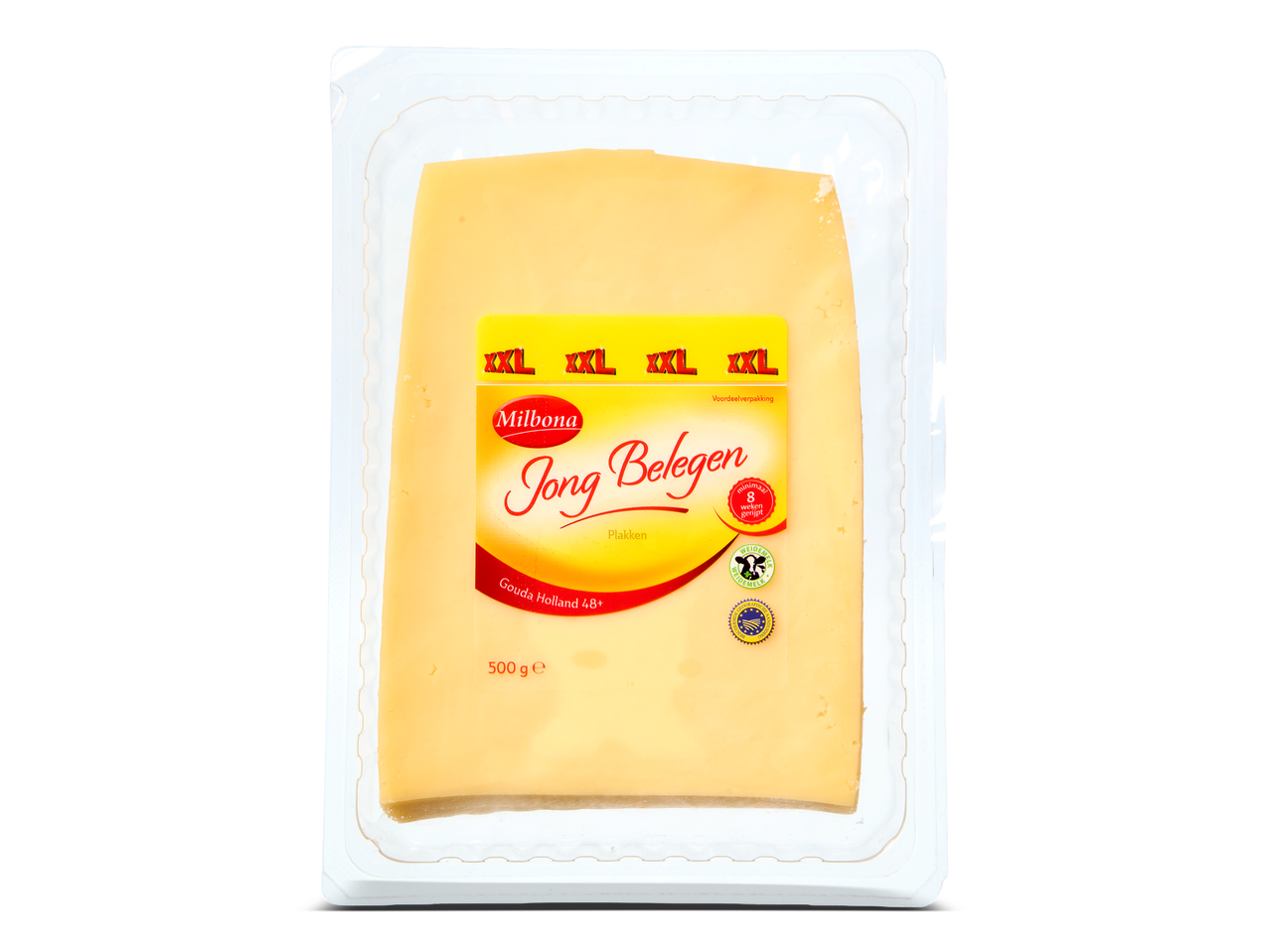 Verpakking met 500g gesneden jonge belegen Goudse kaas, minimaal 8 weken gerijpt.