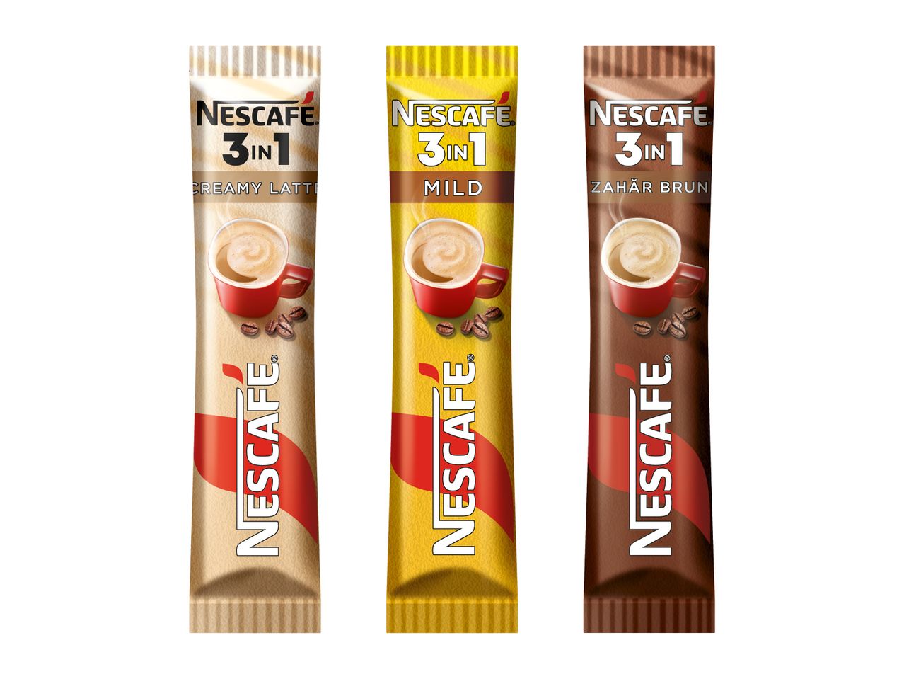 Pliculețe Nescafé 3în1 în variante crem, auriu și maro.