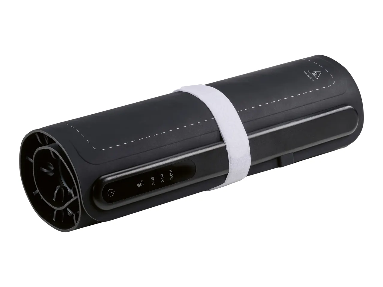 Black portable hair straightener with temperature settings and a white strap.