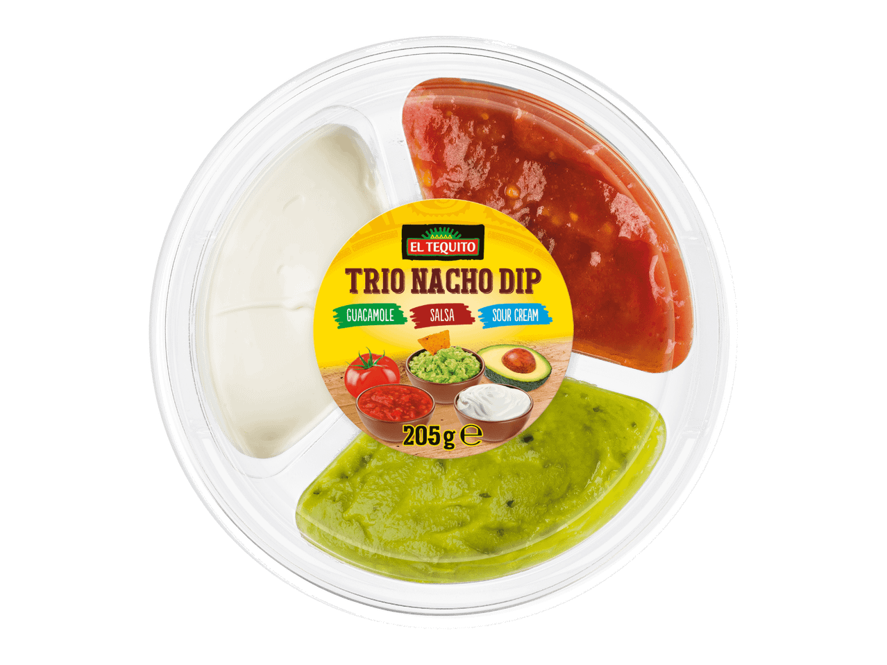 El Tequito Trio Nacho Dip -pakkaus, jossa on guacamolea, salsaa ja smetanaa.