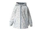 White children's rain jacket with blue car pattern, zipper, and reflective details.
