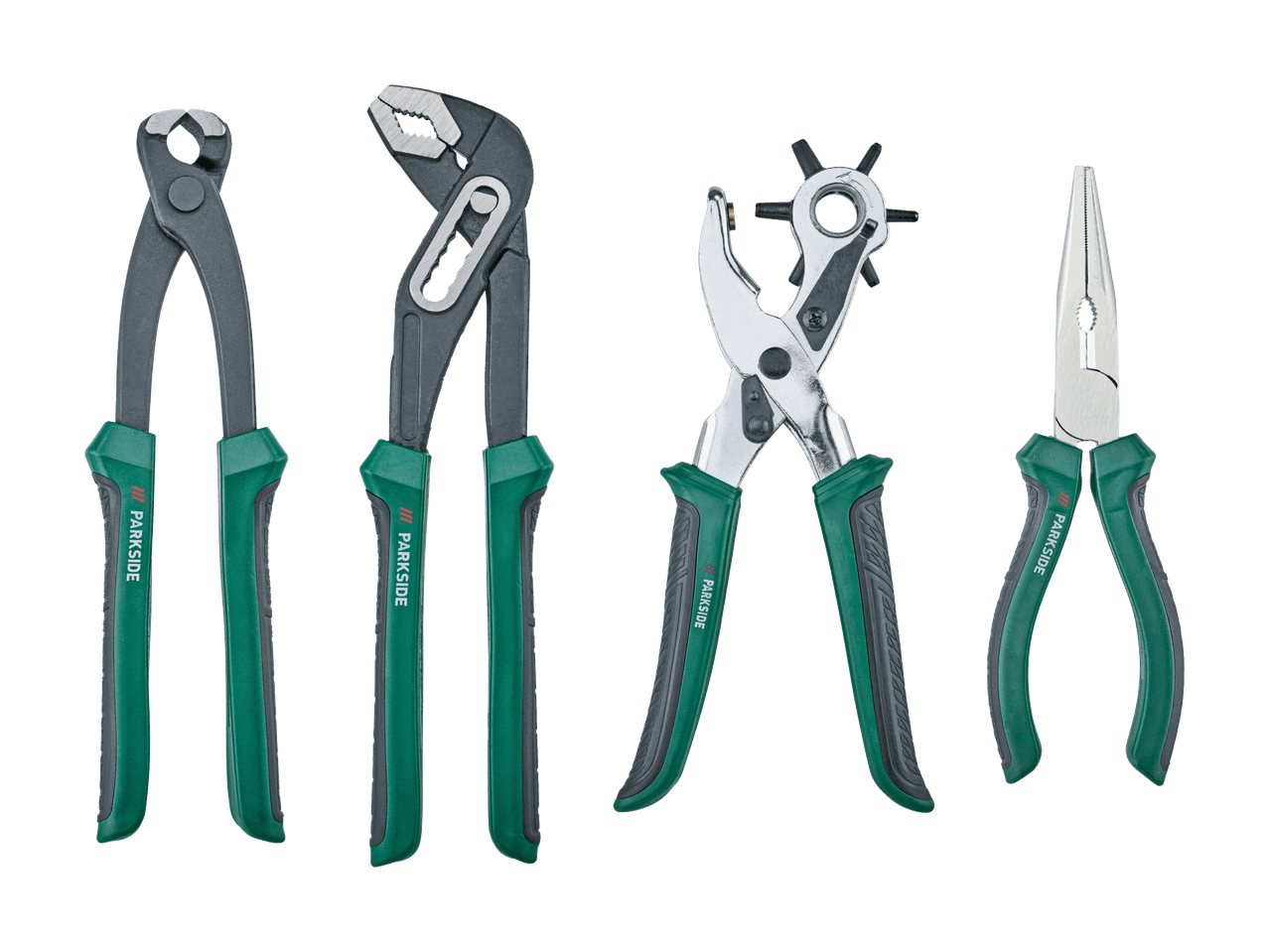 Un set di pinze e una perforatrice, tutti con manici verdi e neri.