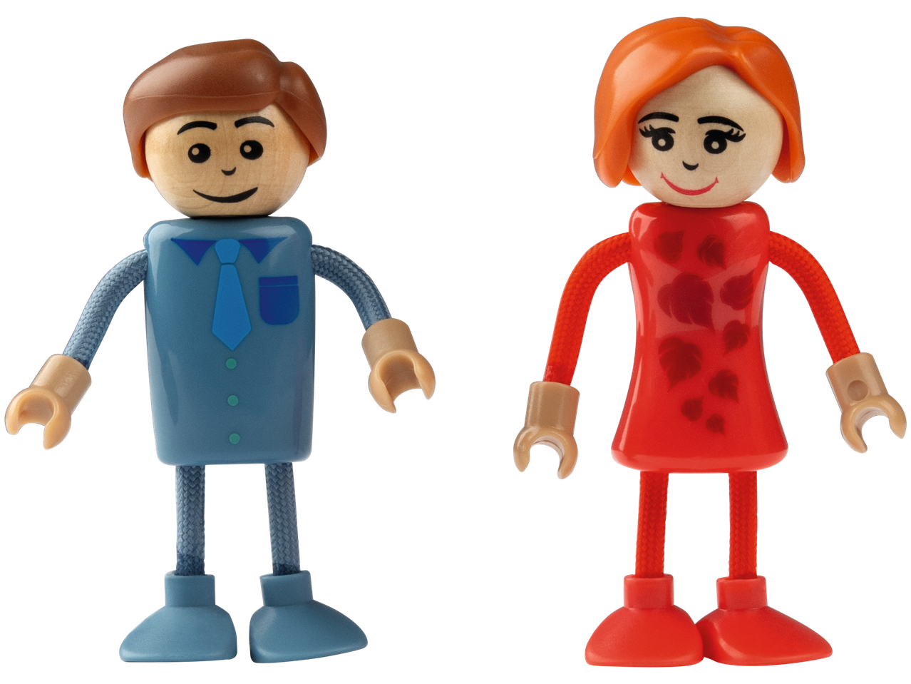 Wooden male and female figures, red dress, blue shirt.