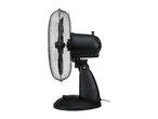 Black table fan with a mesh guard and control knobs on a white background.