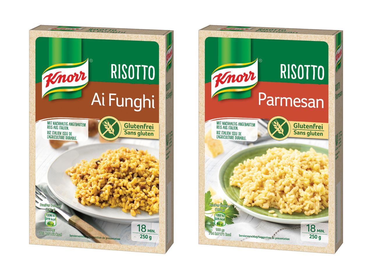 Zwei Knorr Risotto-Packungen: Pilz und Parmesan, fertig in 18 Minuten.