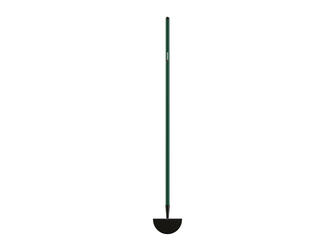 A dark green garden hoe with a black, half-moon shaped blade.