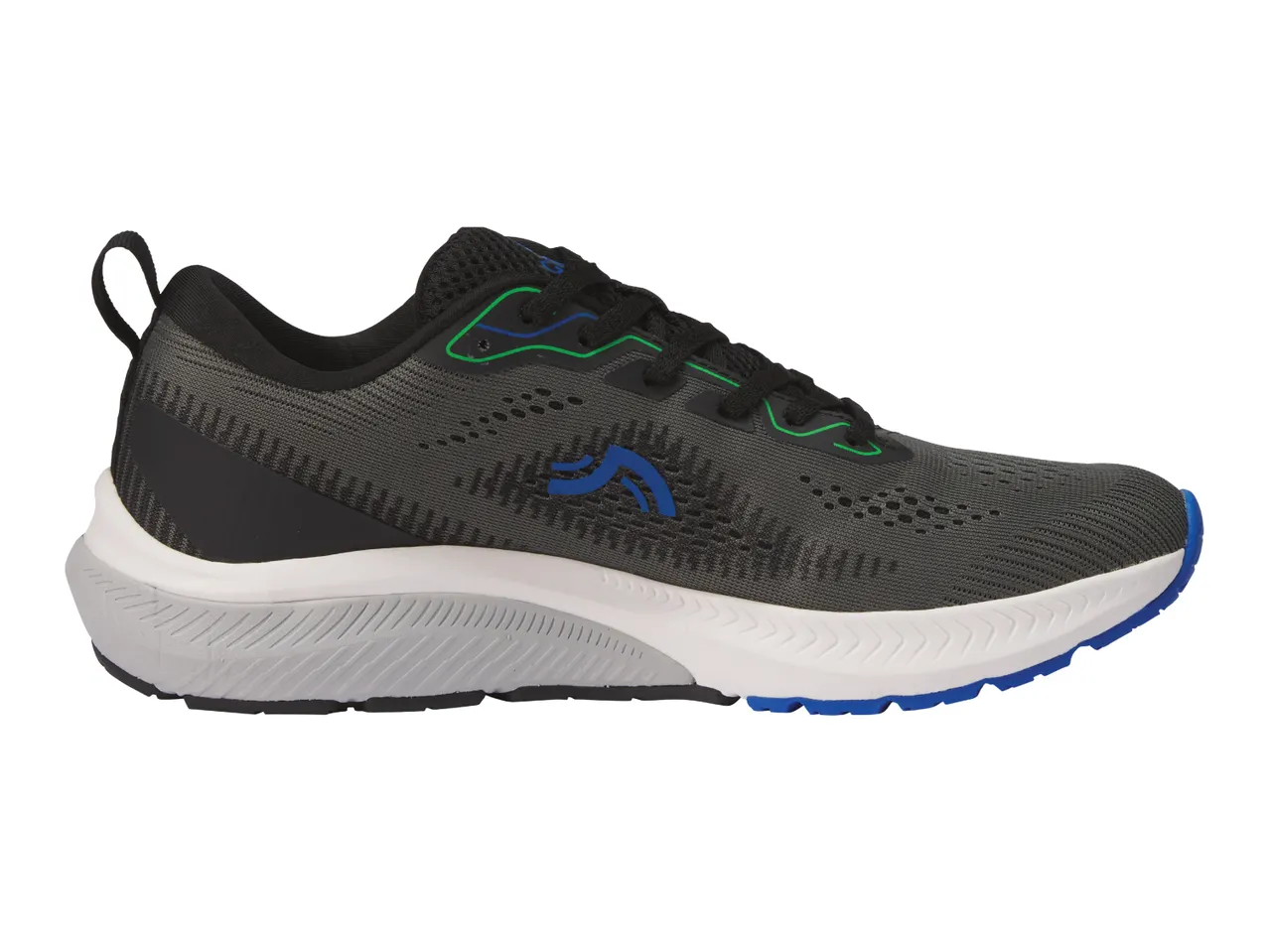 A single gray and black athletic shoe with blue and green accents.