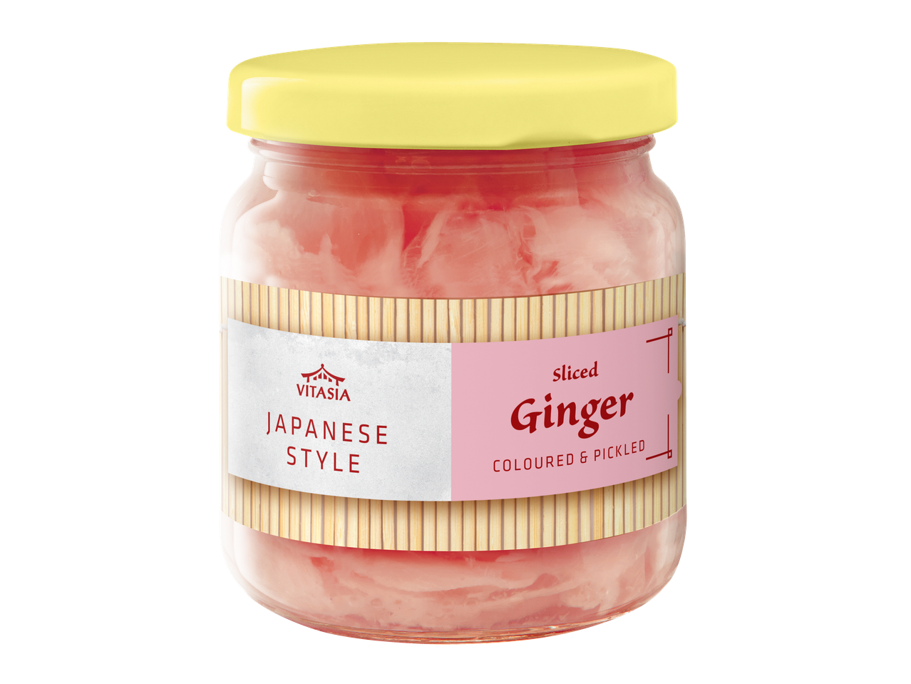 Jar of Japanese style sliced, coloured, and pickled ginger with a yellow lid.