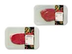To pakker kalvekød, en kalveentrecote og en kalvetykstegsbøf, med information om vægt og dato.