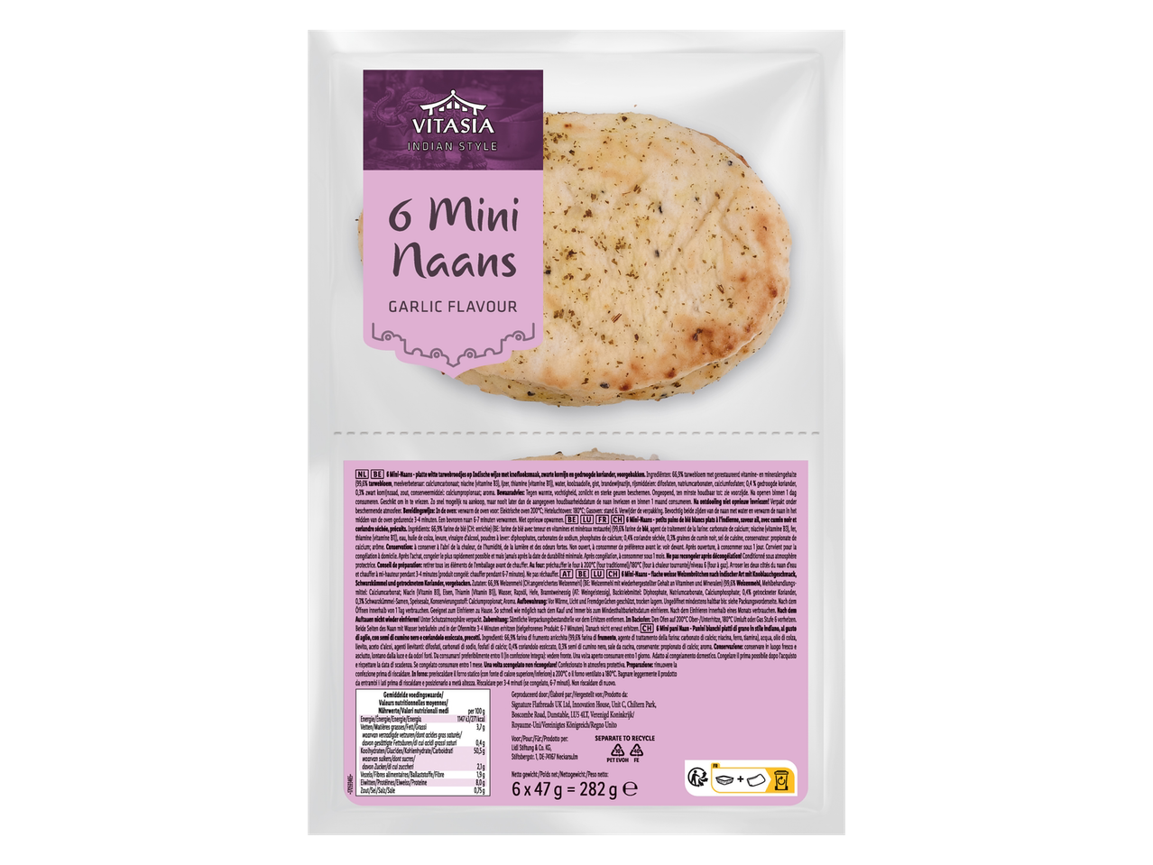 Vitasia Indian Style 6 Mini Naans, knoflooksmaak, met voedingsinformatie.