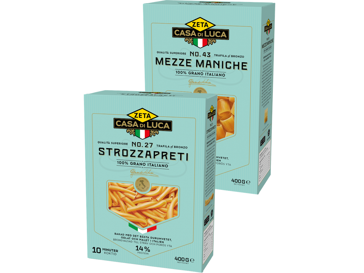 ZETA Casa di Luca pasta: Mezze Maniche och Strozzapreti, 100% italienskt vete.