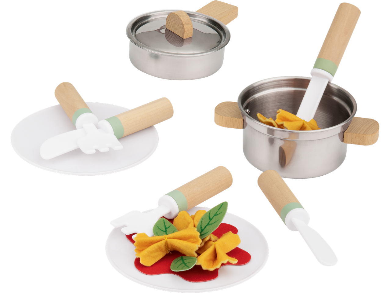 Rotaļlietu komplekts ar katliem, pannām, galda piederumiem un filca makaroniem