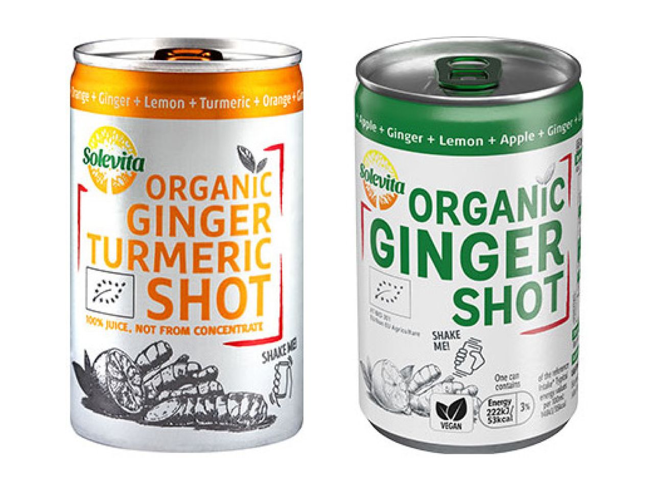 Two cans of organic ginger shots, one with turmeric and one classic ginger flavor.