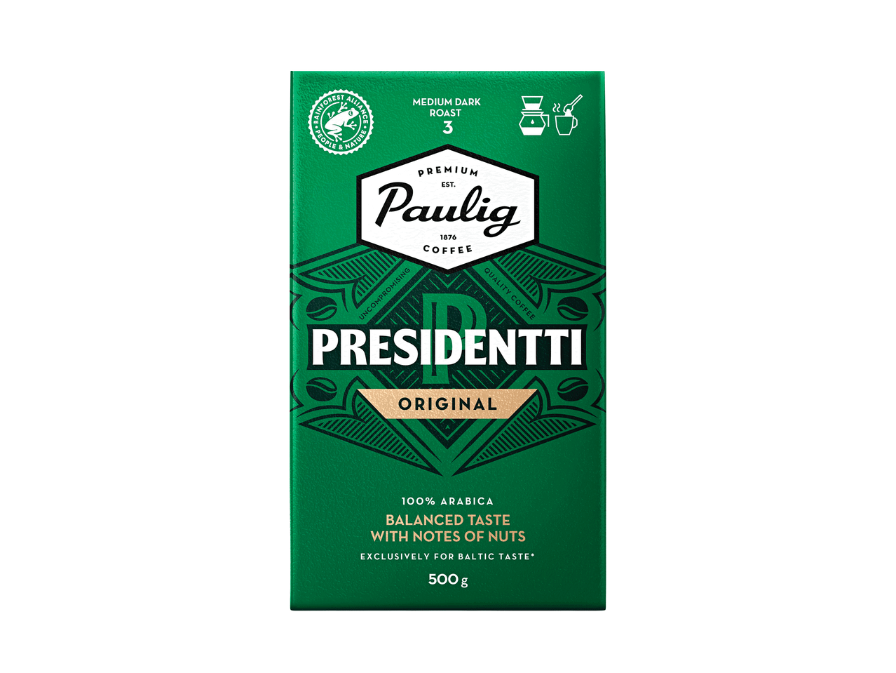 Paulig Presidentti Original kavos pakuotė su užrašu „Balanced Taste with Notes of Nuts“.