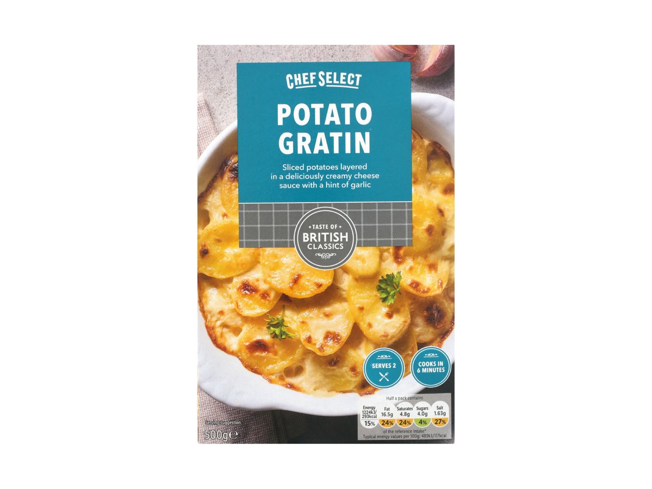 Chef Select Potato Gratin with cheese sauce, serving suggestion, and nutritional information.