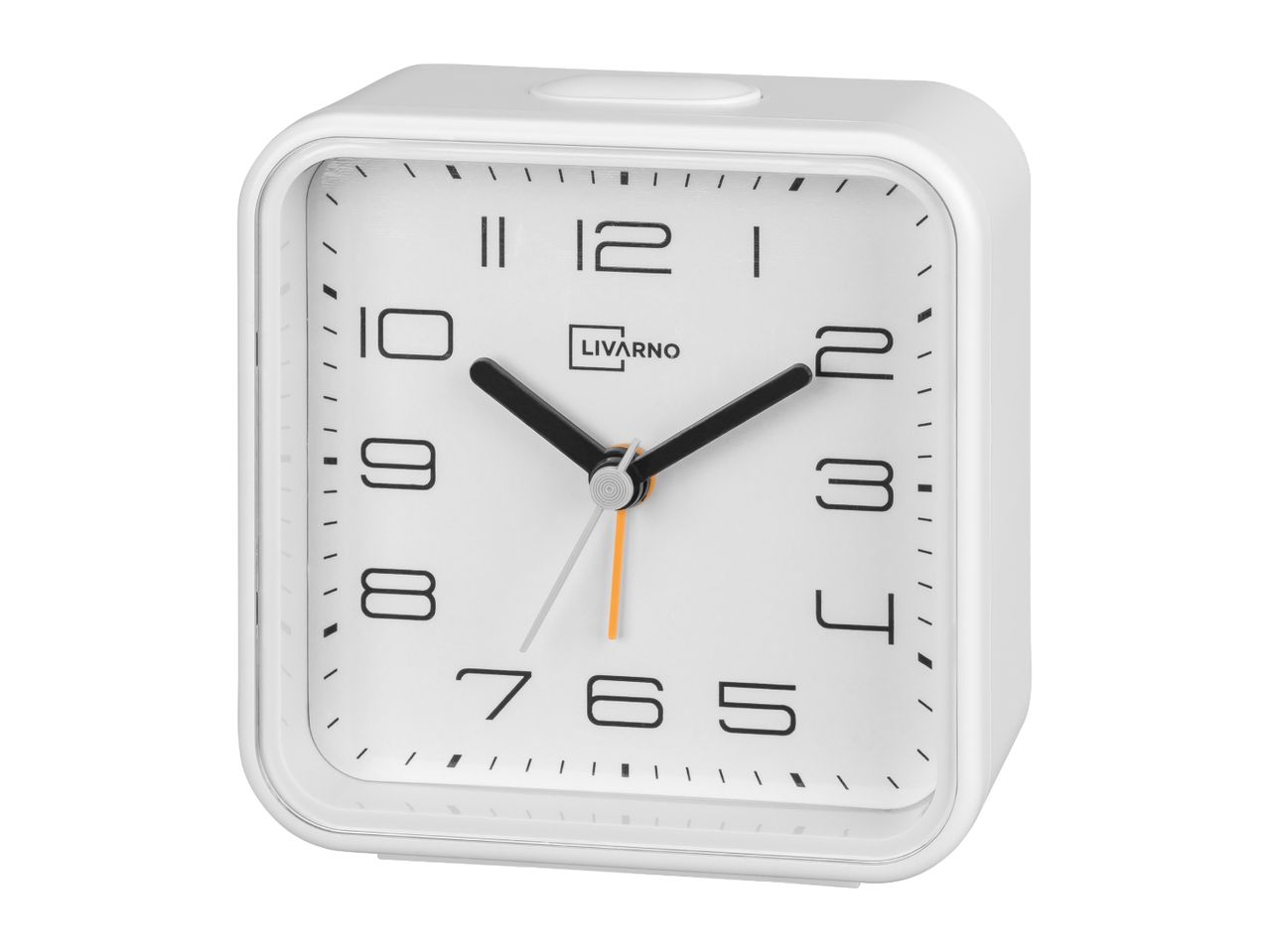 White square alarm clock with a minimalist design and black numbers.
