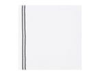 White kitchen towel with two grey stripes on the left side.