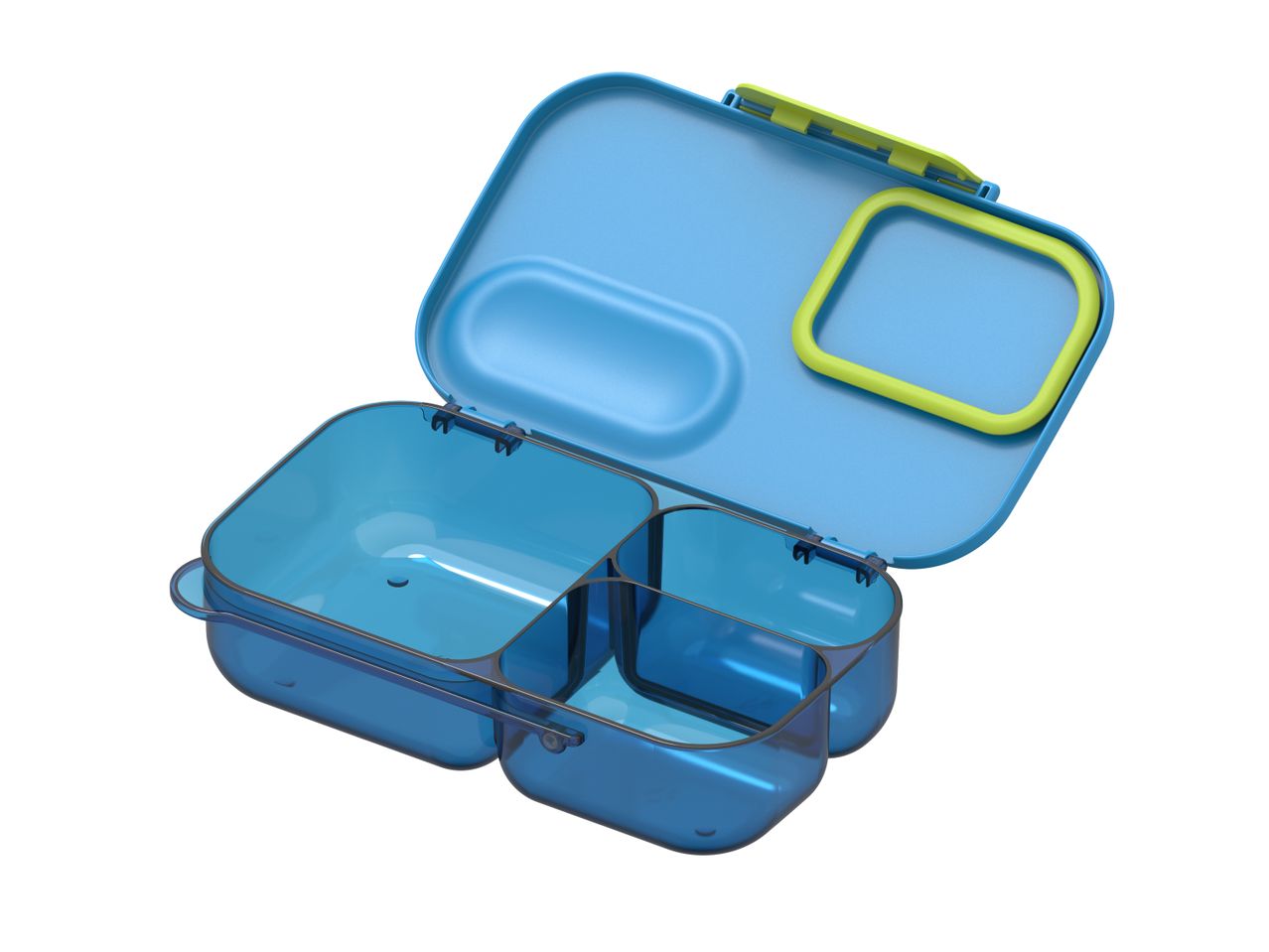 Open blue lunchbox with multiple compartments and a lime green seal