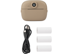 Beige mini thermal printer with paper rolls and a USB cable.
