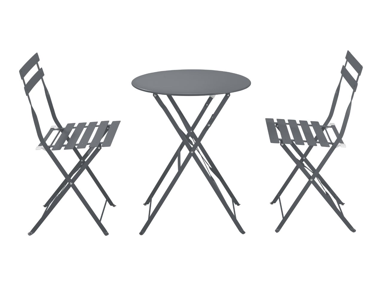 Grey bistro set with a round table and two folding chairs.