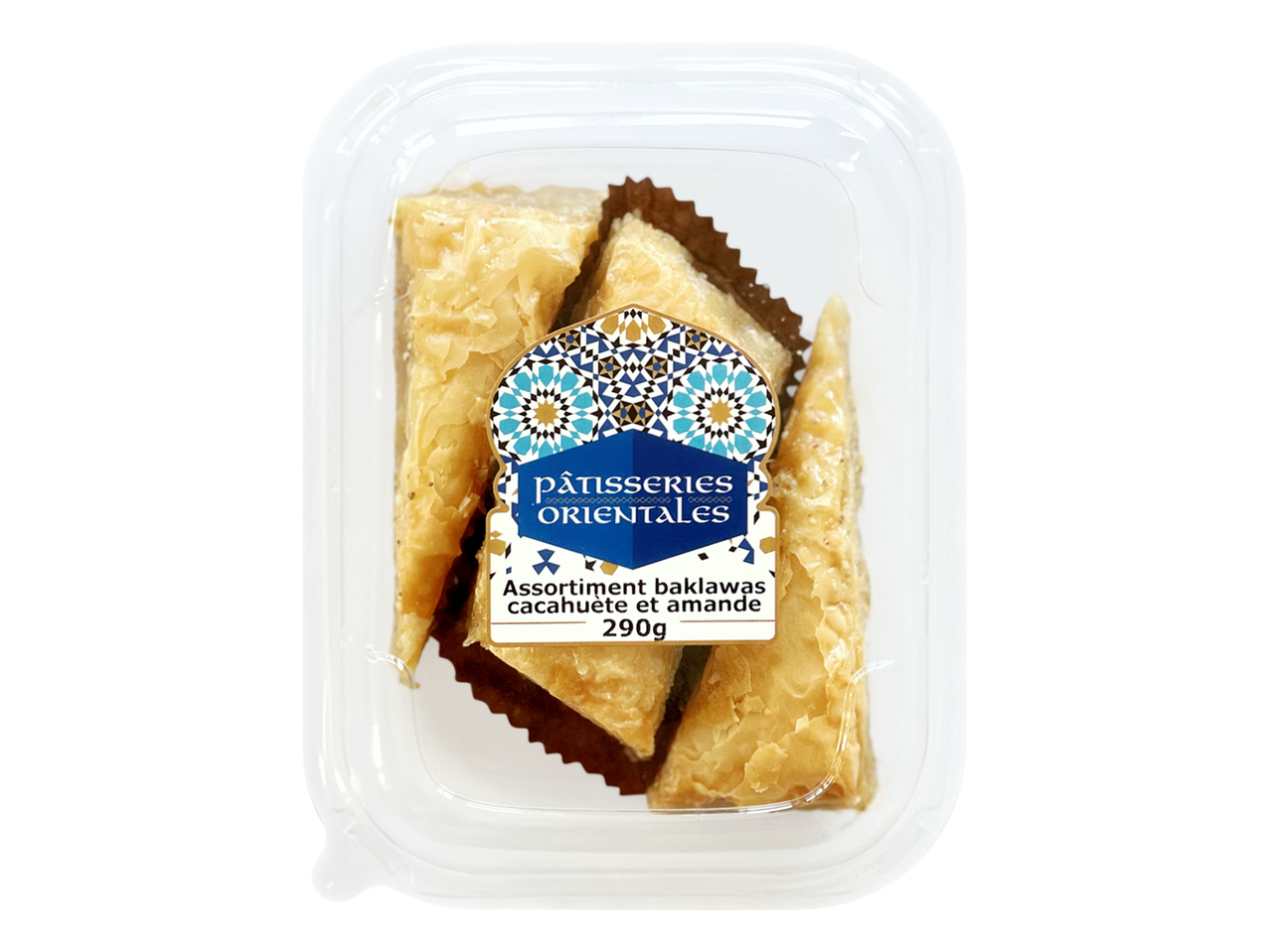 Assortiment de baklavas à la cacahuète et à l'amande dans un emballage transparent, 290g.