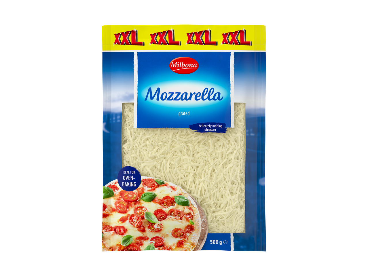 Sachet de mozzarella râpée XXL avec une image de pizza.
