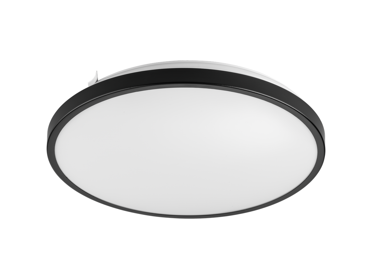 Um lustre de teto redondo com moldura preta e cúpula branca.