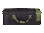Black and olive green duffel bag with a shoulder strap and handles.
