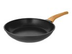 Black frying pan with a light wooden handle, angled view.
