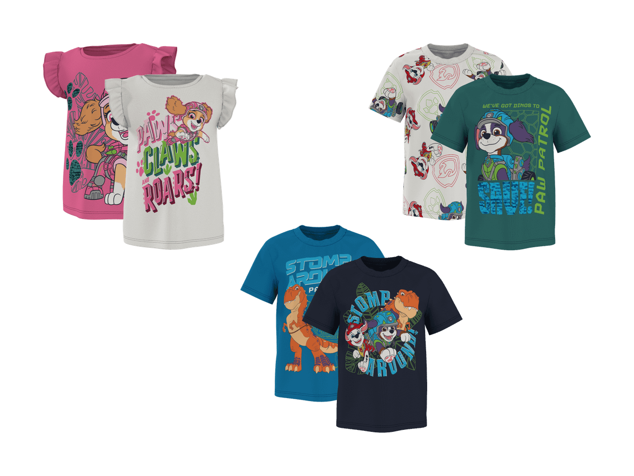 Six t-shirts pour enfants avec des motifs de chiots et de dinosaures, dont un rose et un blanc.