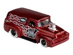 Hot Wheels 1956 Ford Panel Truck, red with flames and Engine Builders graphics.