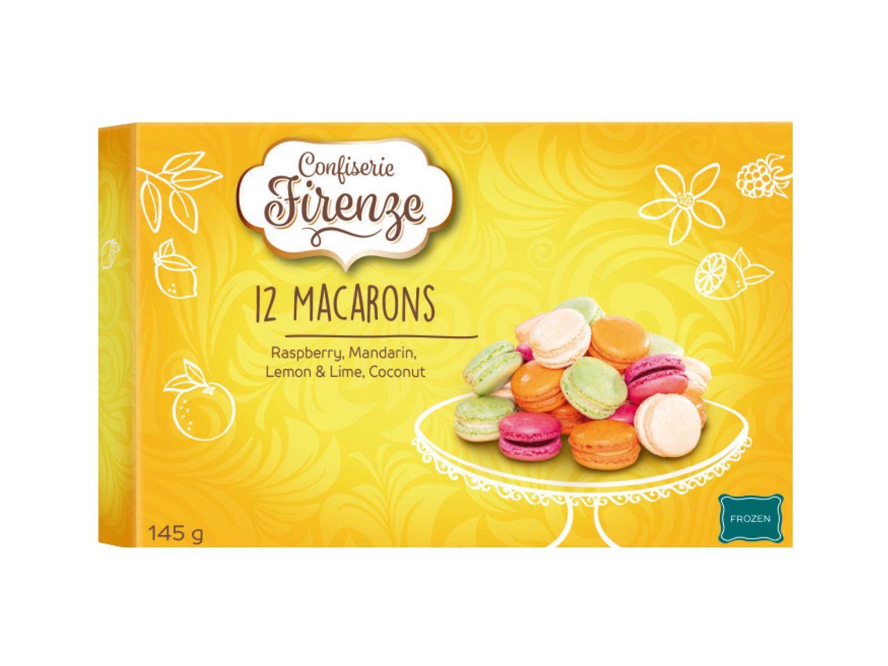 Box of 12 frozen Confiserie Firenze macarons: raspberry, mandarin, lemon & lime, coconut.