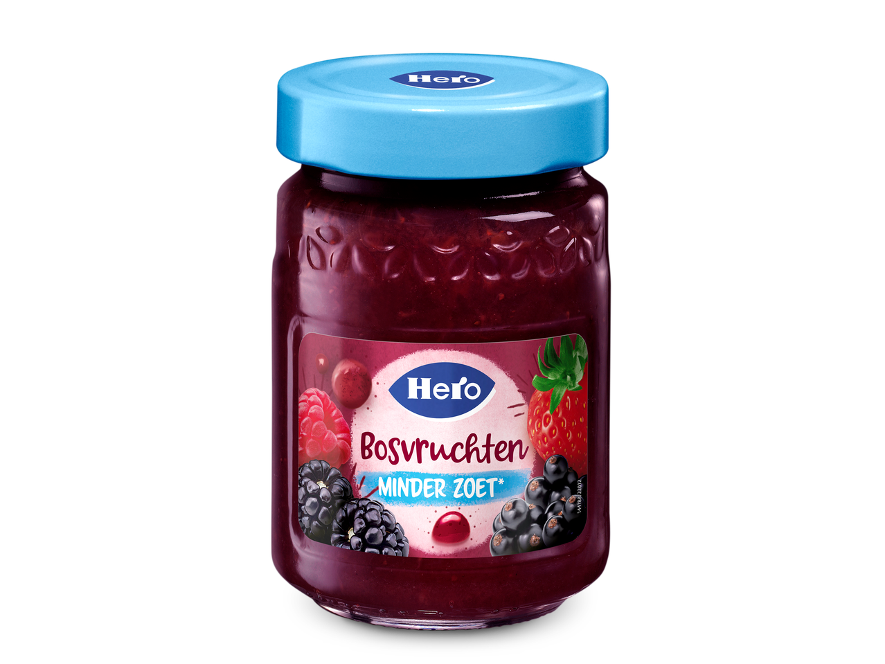 Een pot bosvruchtenjam met een blauw deksel en een etiket met fruit en de tekst 'MINDER ZOET'.