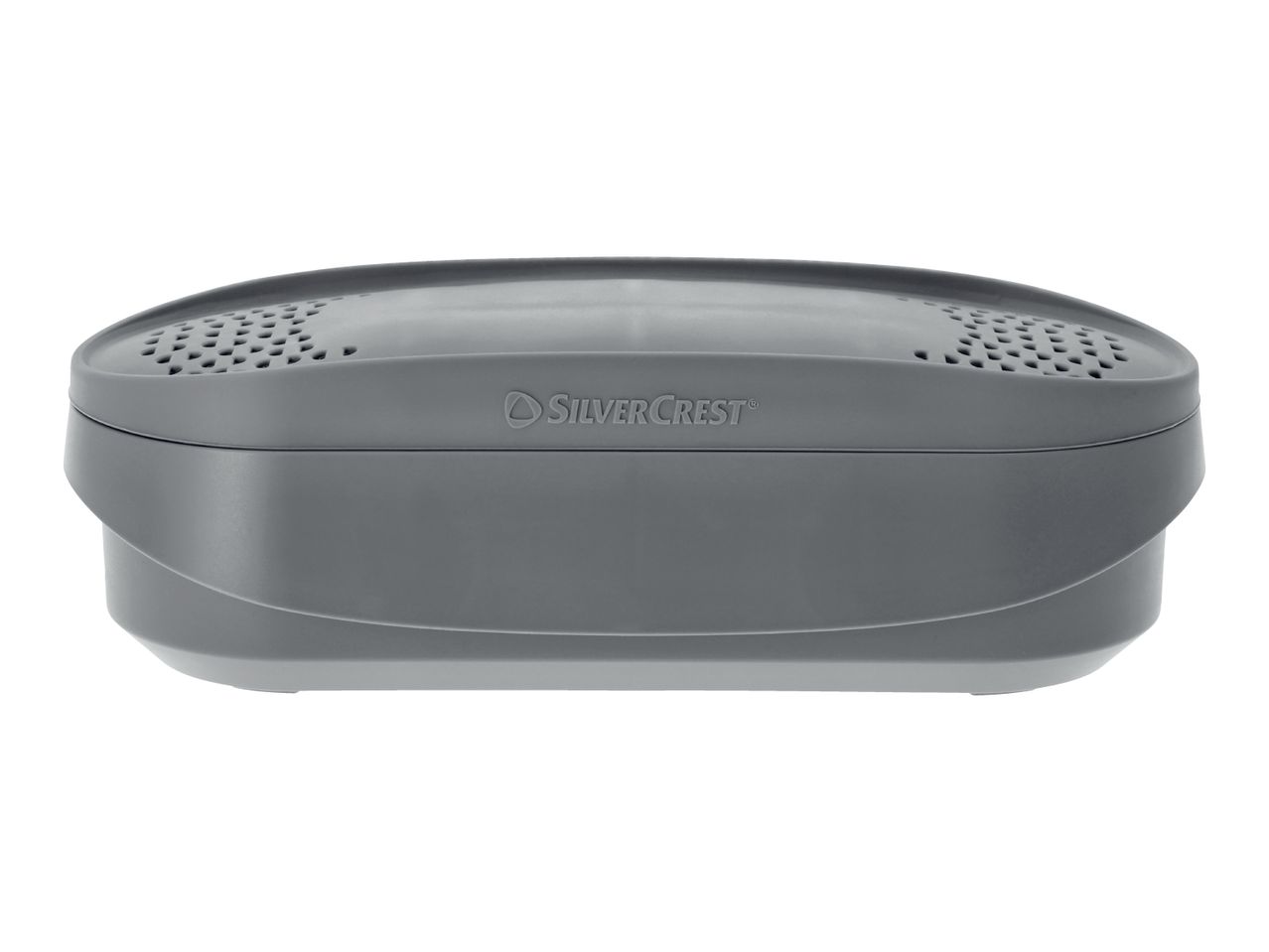 Grey dehumidifier with a perforated top, featuring a subtle logo on the front.