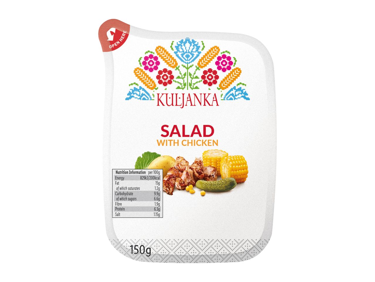 Salad with chicken, corn, and pickles, with nutritional information and weight.