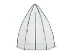 Teardrop-shaped garden greenhouse with a zippered door and green trim