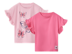 Dječje ružičaste majice kratkih rukava s volanima, jedna s otiskom leptira, druga jednobojna.