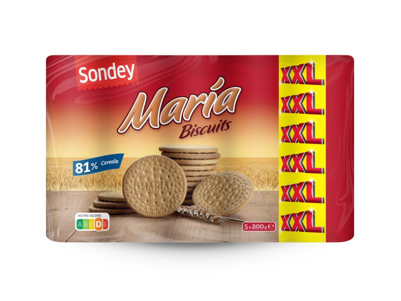 Pakiranje Sondey Maria keksa s 81% žitarica, Nutri-Score D i oznakom XXL.