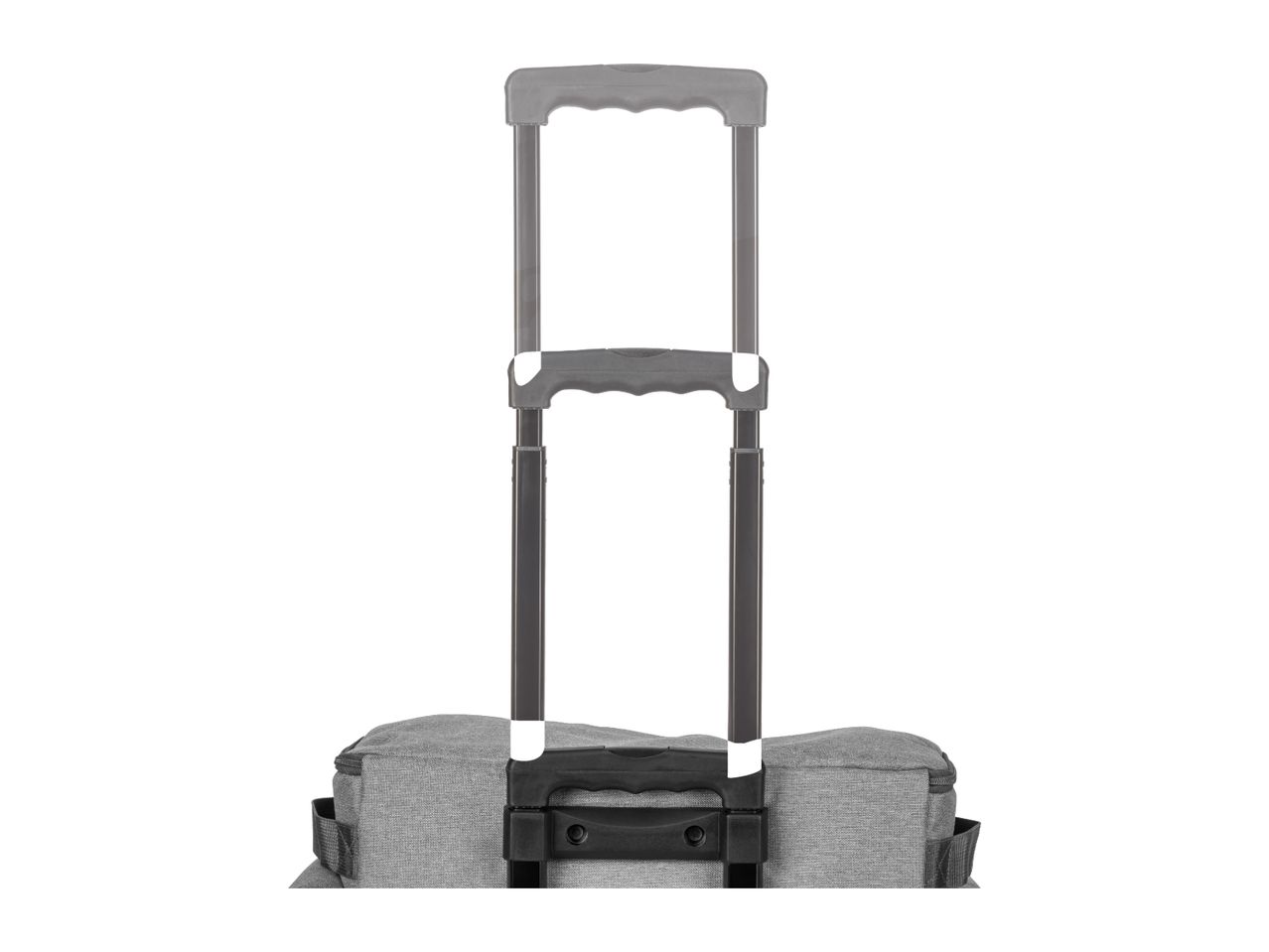 Close-up of a grey bag with an adjustable telescopic handle.