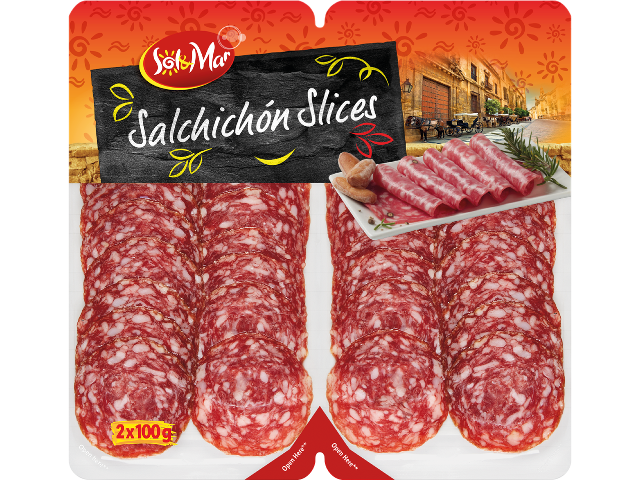 Förpackning med skivad salami, med texten 'Salchichón Slices' och '2x100g'.