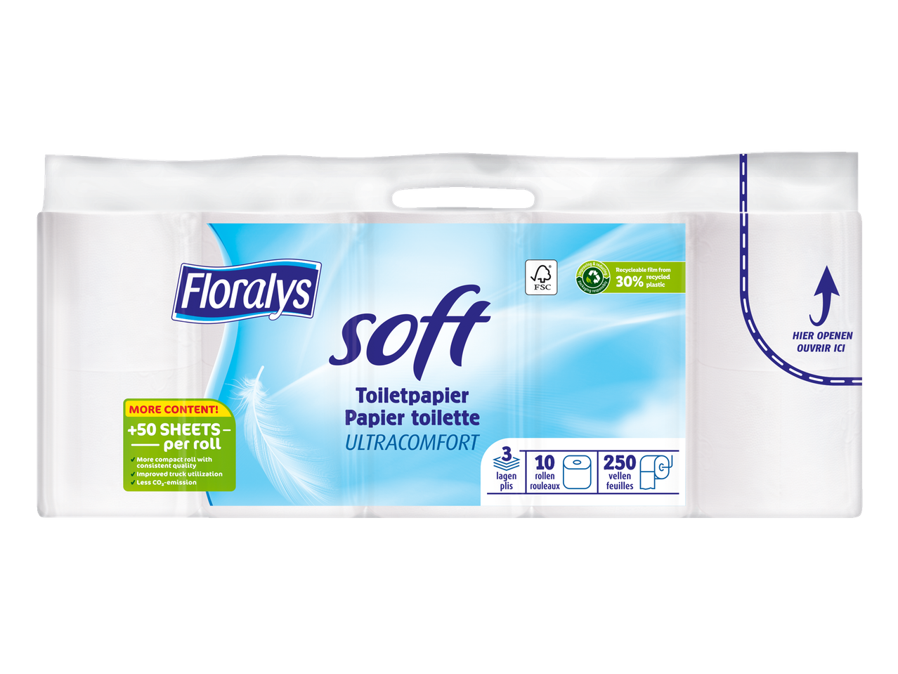 Papier toilette Floralys Soft avec 10 rouleaux, 3 épaisseurs et 250 feuilles par rouleau