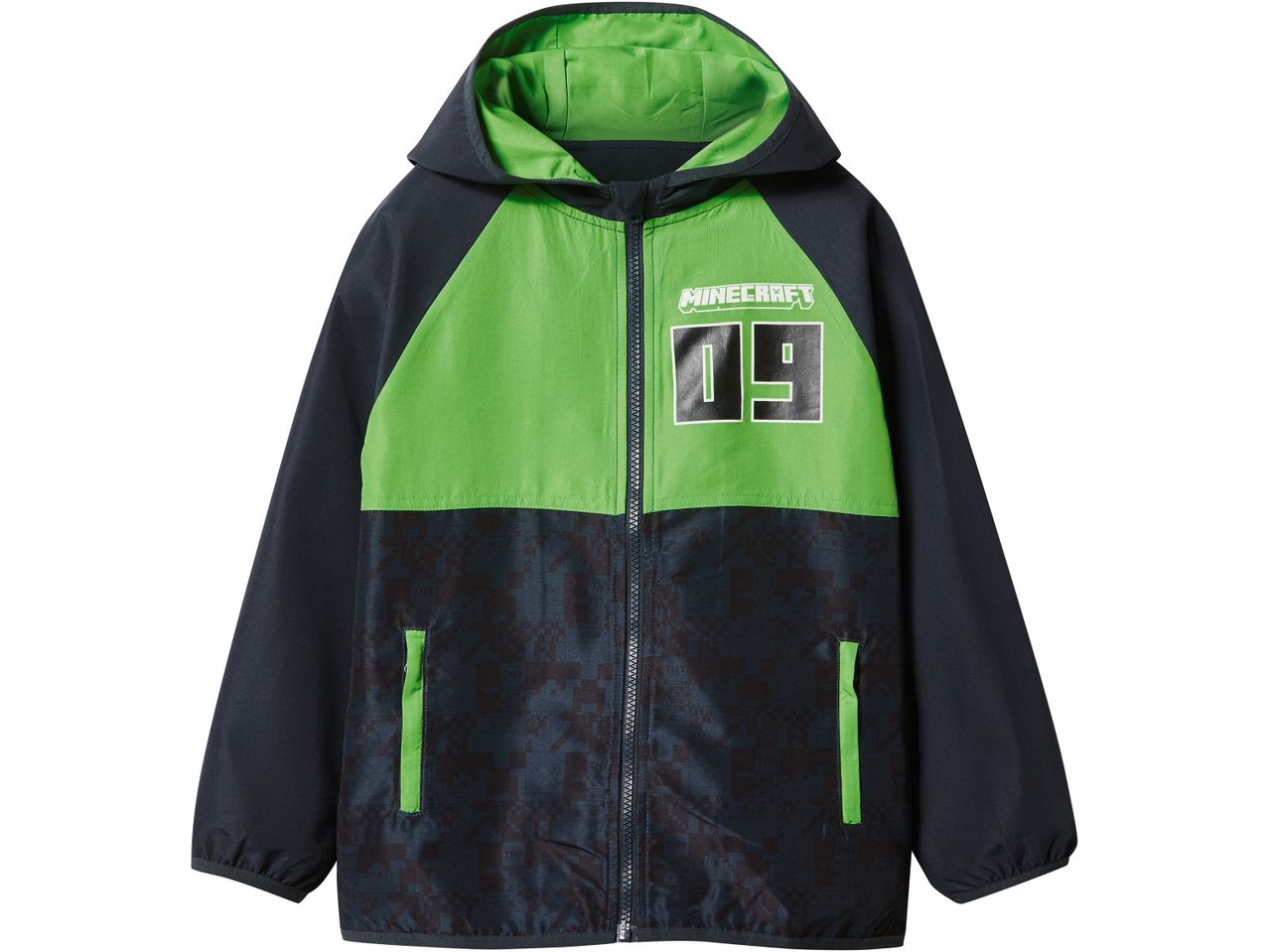 Minecraft windbreaker in black and green with a pixelated pattern and '09' graphic.