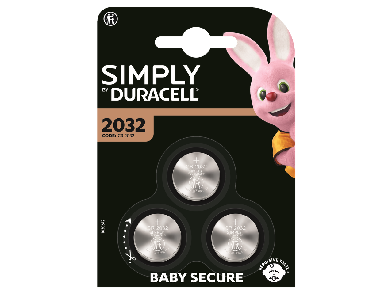 Duracell Simply 2032 knoopcelbatterijen met een roze konijnenmascotte en 'Baby Secure' verpakking.