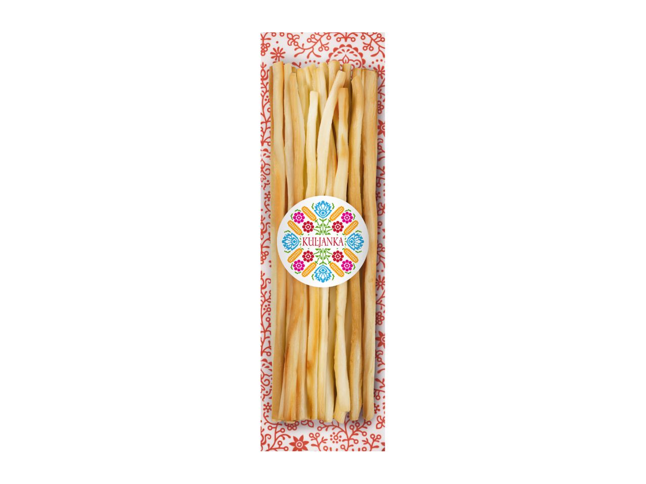 Cheese sticks in packaging with a red and white folk pattern and a colorful floral label.