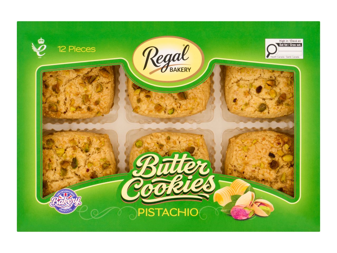 A box of 12 pistachio butter cookies with a green packaging design.