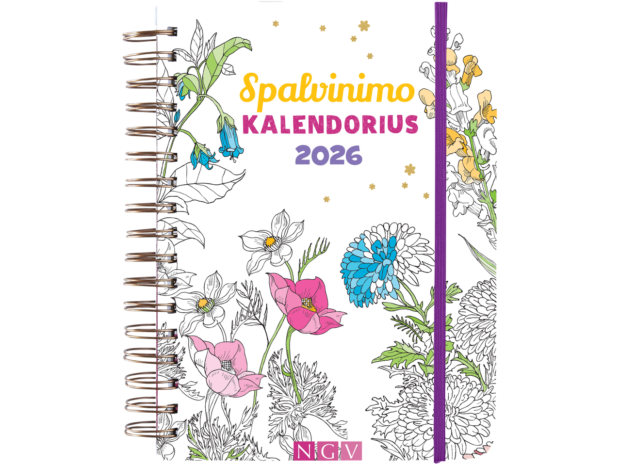 Spalvinimo kalendorius 2026 su gėlių iliustracijomis ir spirale.