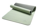 Two-tone green and grey yoga mat, partially rolled up, with a textured surface.
