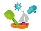Colorful beach toys including a shovel, sailboat, ship's wheel, and water scoop.